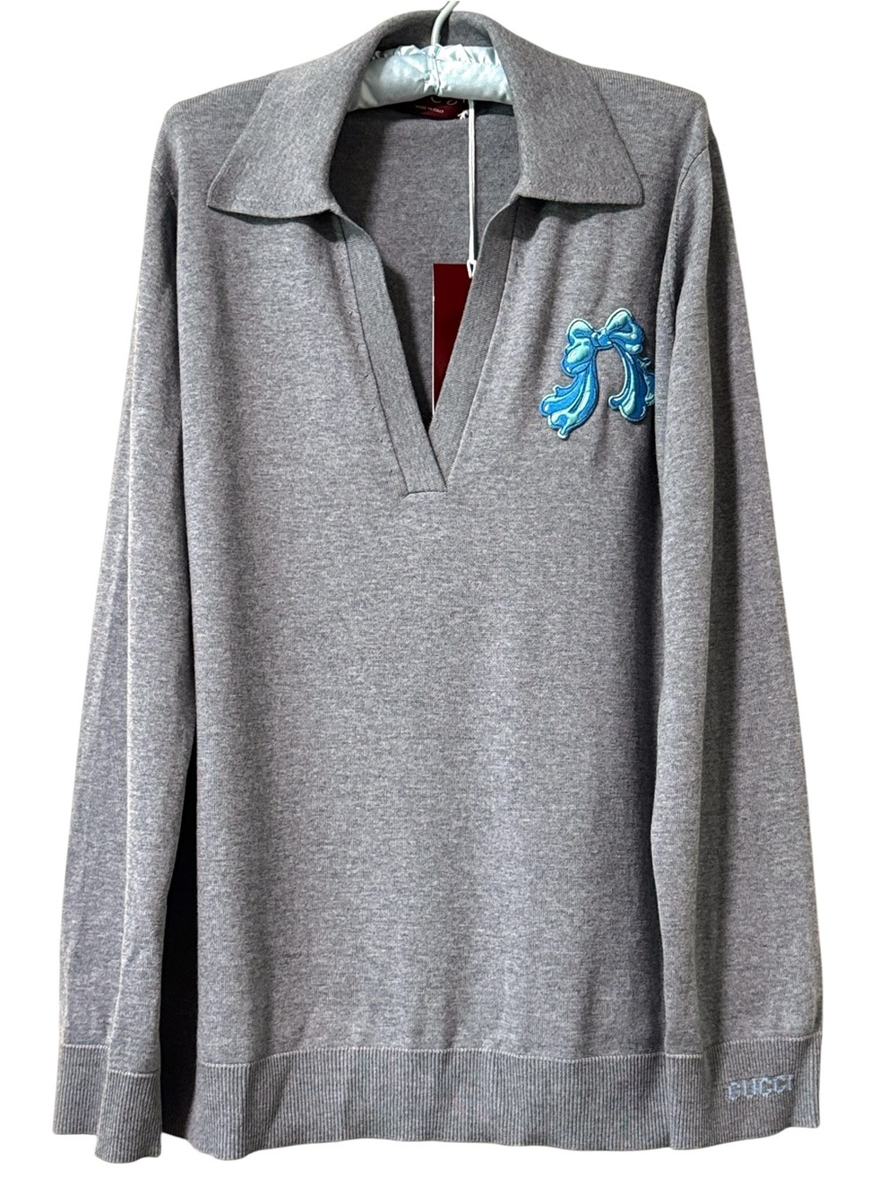 Gucci Women's Extra Fine Wool Polo Sweater Top With Patch Size Large